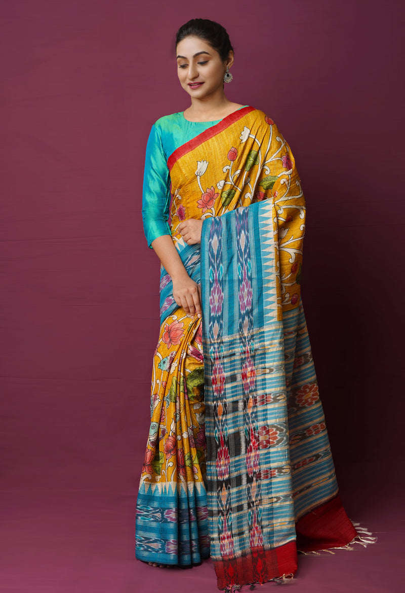 Mustard Yellow Pure Handloom Pen Kalamkari Painting Gicha Tussar Jute Saree-UNM72227