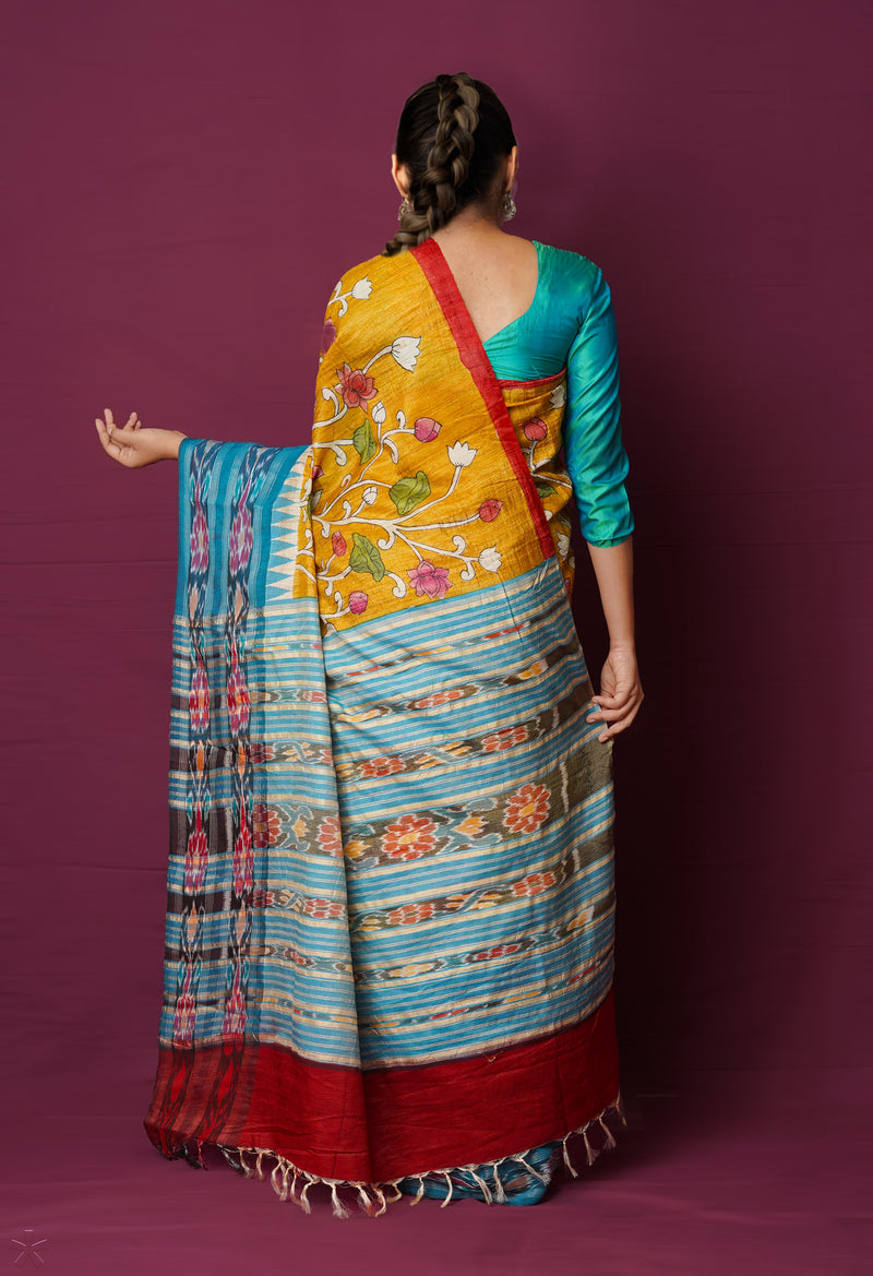 Mustard Yellow Pure Handloom Pen Kalamkari Painting Gicha Tussar Jute Saree-UNM72227