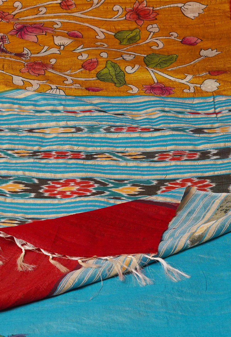 Mustard Yellow Pure Handloom Pen Kalamkari Painting Gicha Tussar Jute Saree-UNM72227