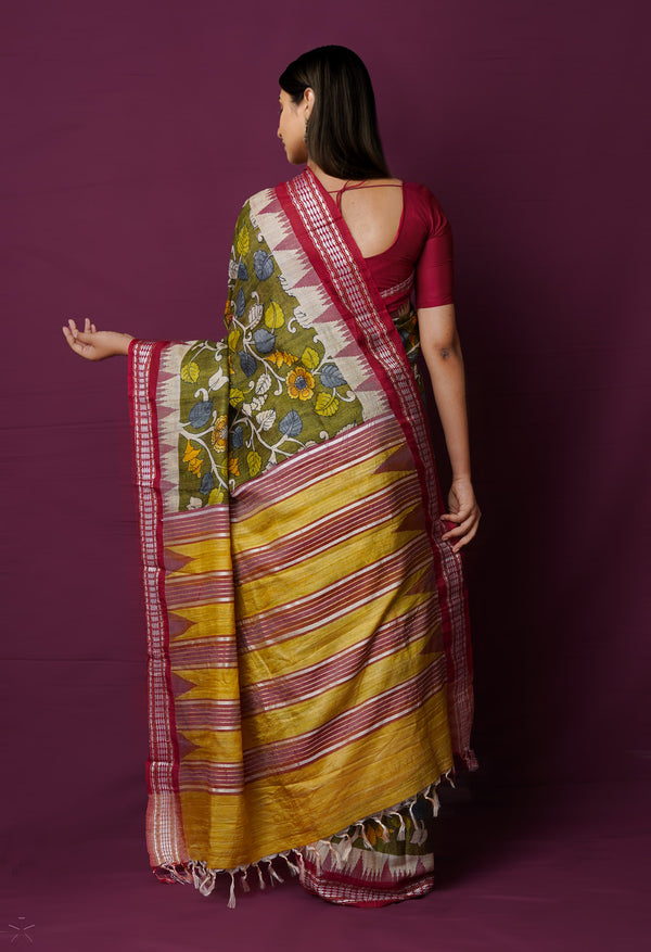 Olive Green Pure Handloom Pen Kalamkari Painting Gicha Tussar Jute Saree-UNM72229