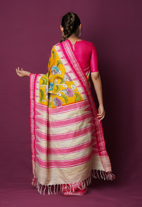 Yellow Pure Handloom Pen Kalamkari Painting Gicha Tussar Jute Saree-UNM72232