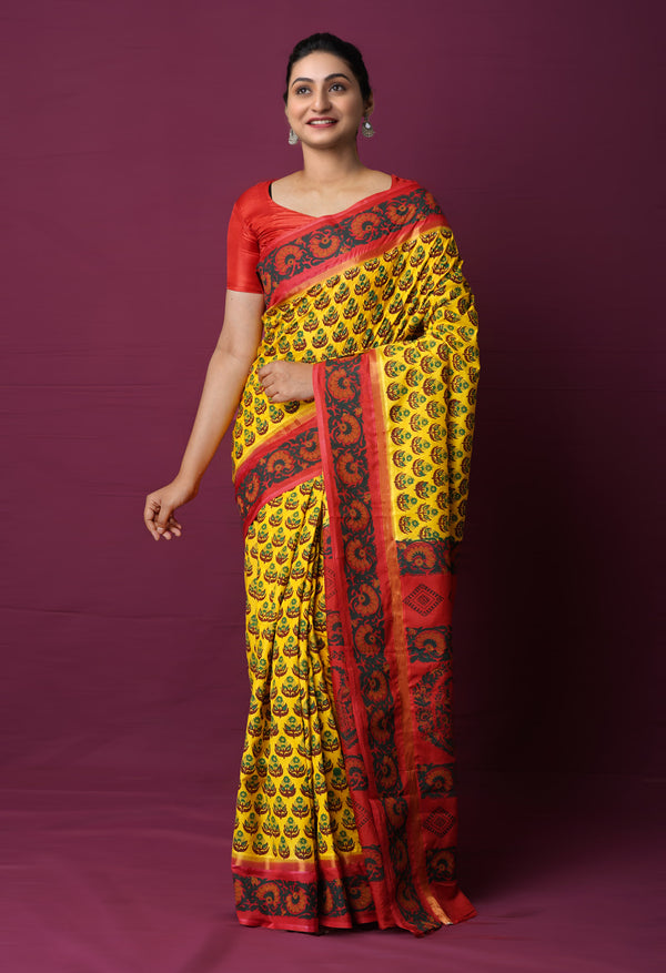 Yellow  Dyed Printed Summer Bangalore Soft Silk Saree-UNM72238