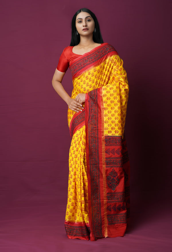Yellow  Dyed Printed Summer Bangalore Soft Silk Saree-UNM72239