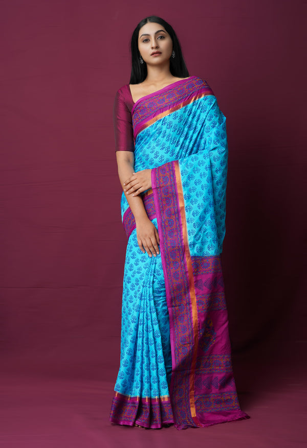 Blue  Dyed Printed Summer Bangalore Soft Silk Saree-UNM72240
