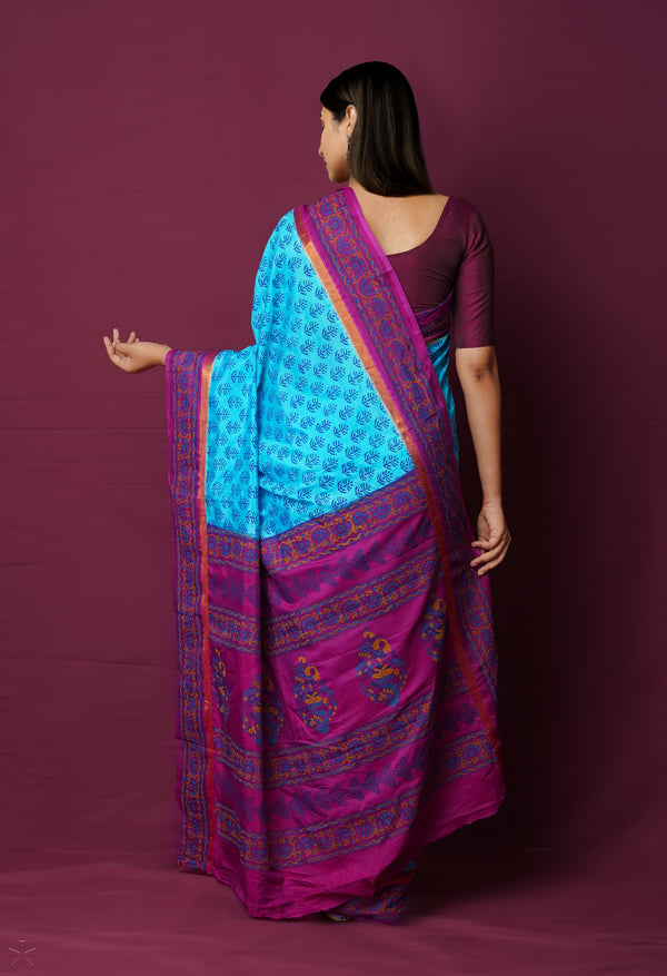 Blue  Dyed Printed Summer Bangalore Soft Silk Saree-UNM72240