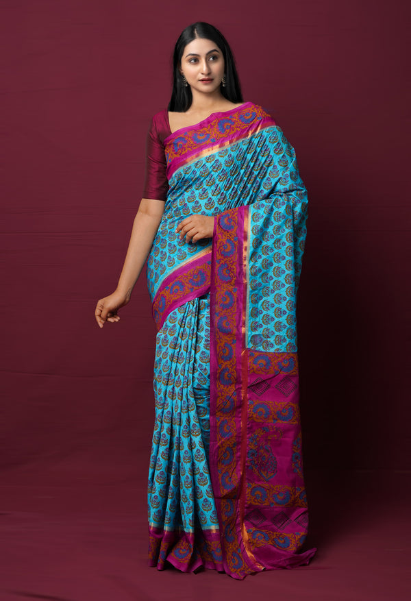 Blue  Dyed Printed Summer Bangalore Soft Silk Saree-UNM72241
