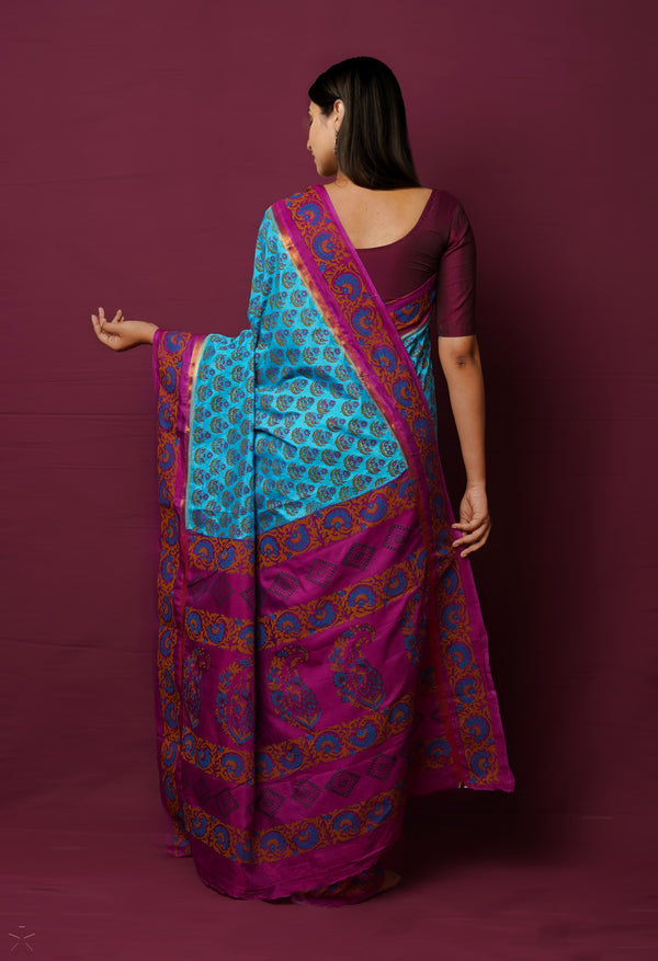 Blue  Dyed Printed Summer Bangalore Soft Silk Saree-UNM72241