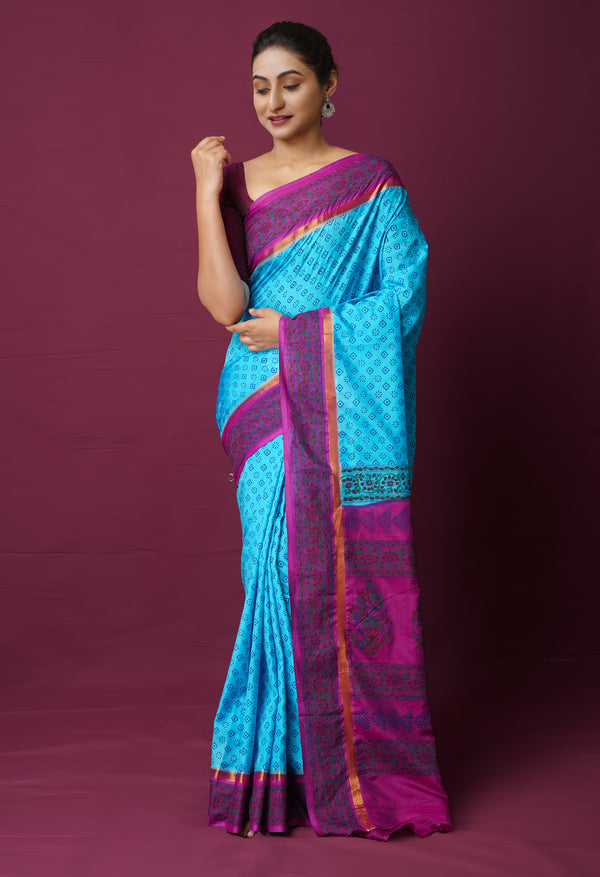 Blue  Dyed Printed Summer Bangalore Soft Silk Saree-UNM72243