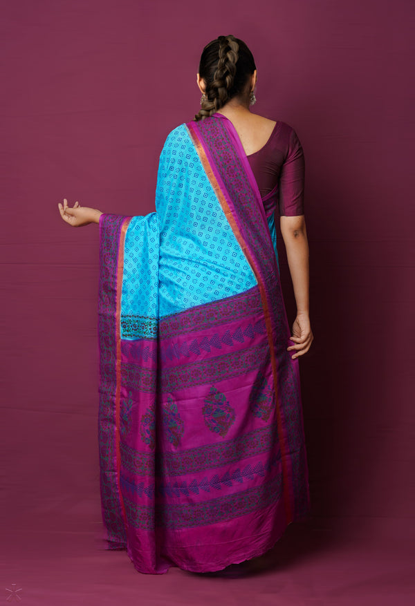 Blue  Dyed Printed Summer Bangalore Soft Silk Saree-UNM72243