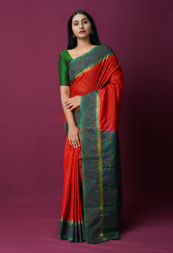 Red  Dyed Printed Summer Bangalore Soft Silk Saree-UNM72246