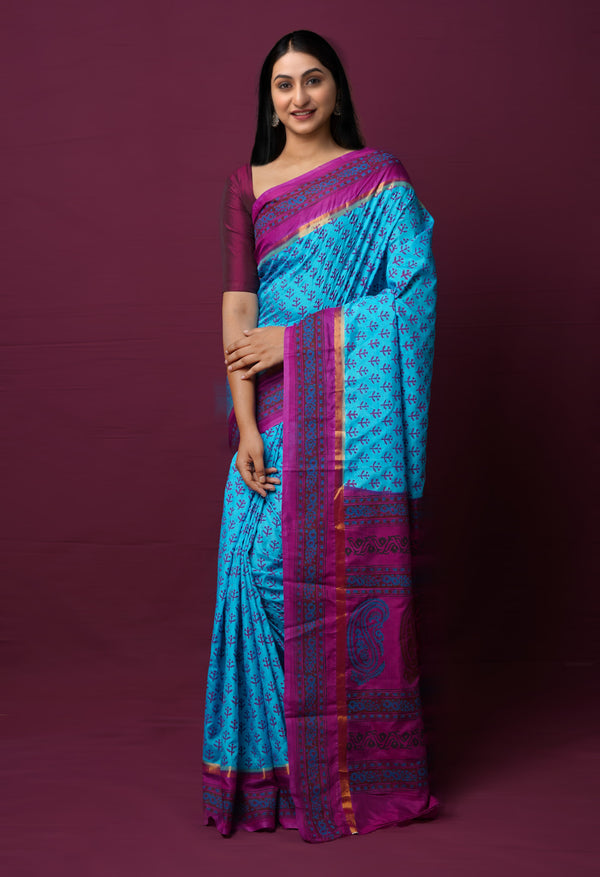 Blue  Dyed Printed Summer Bangalore Soft Silk Saree-UNM72249