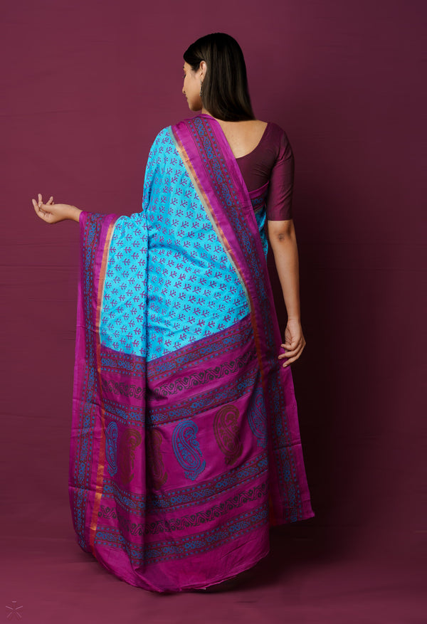 Blue  Dyed Printed Summer Bangalore Soft Silk Saree-UNM72249