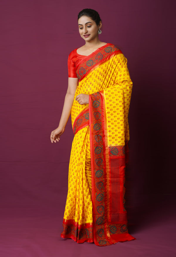 Yellow  Dyed Printed Summer Bangalore Soft Silk Saree-UNM72254