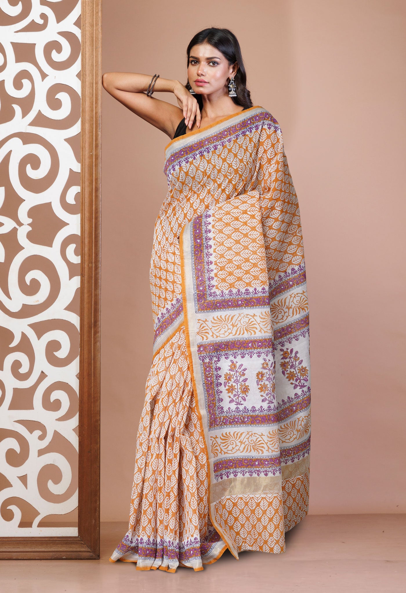 Orange Dyed Printed Chanderi Sico Saree-UNM72265