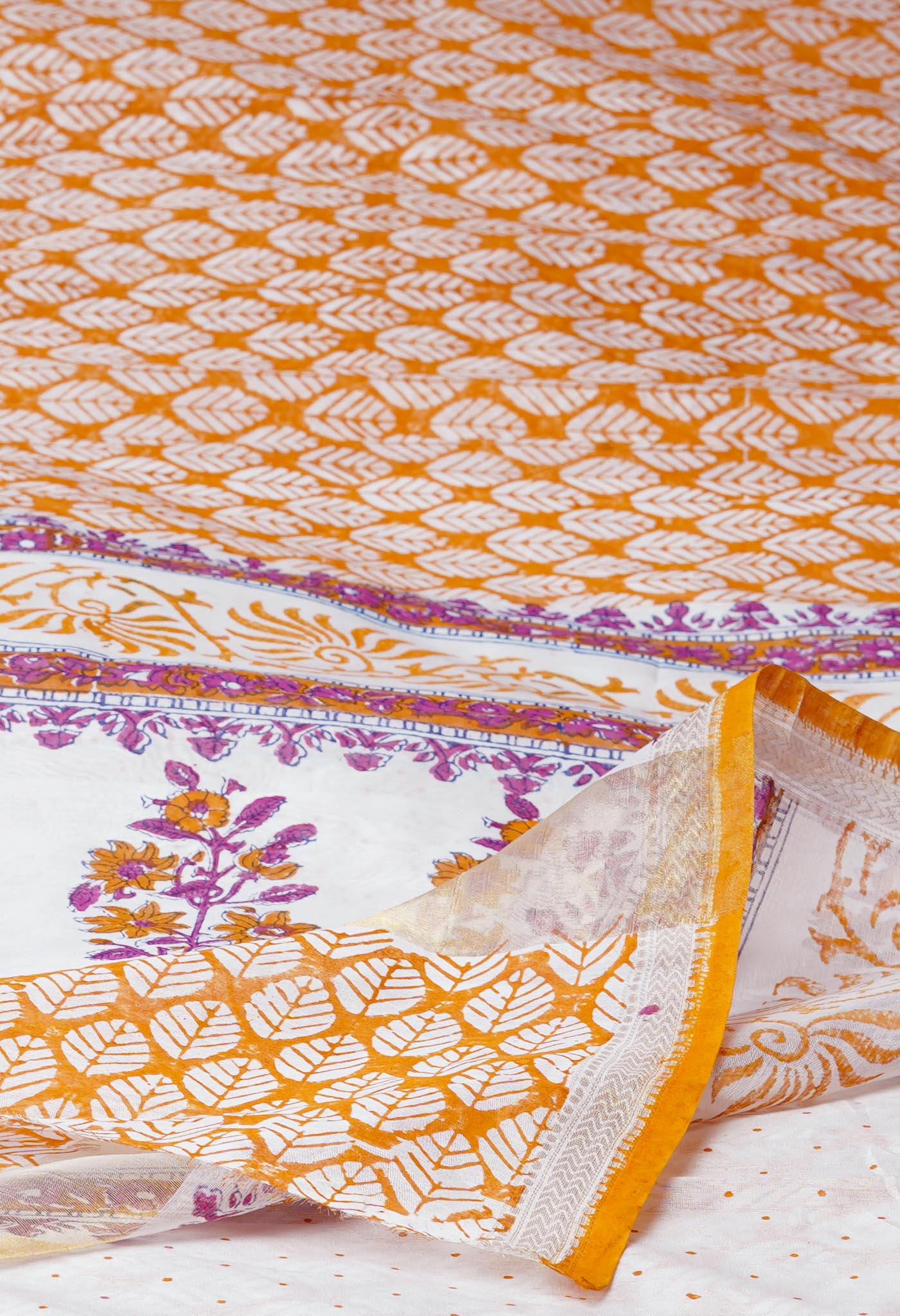 Orange Dyed Printed Chanderi Sico Saree