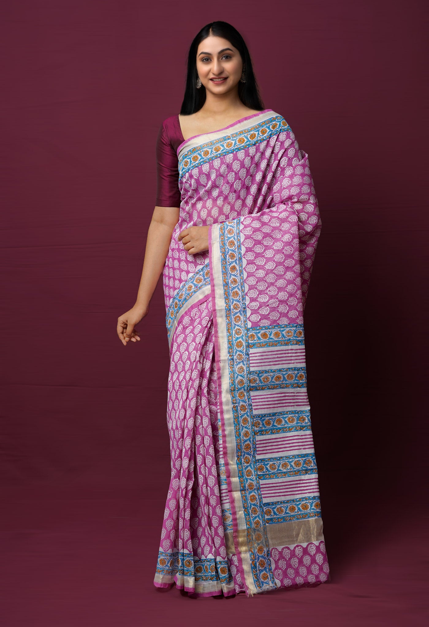 Pink Dyed Printed Chanderi Sico Saree