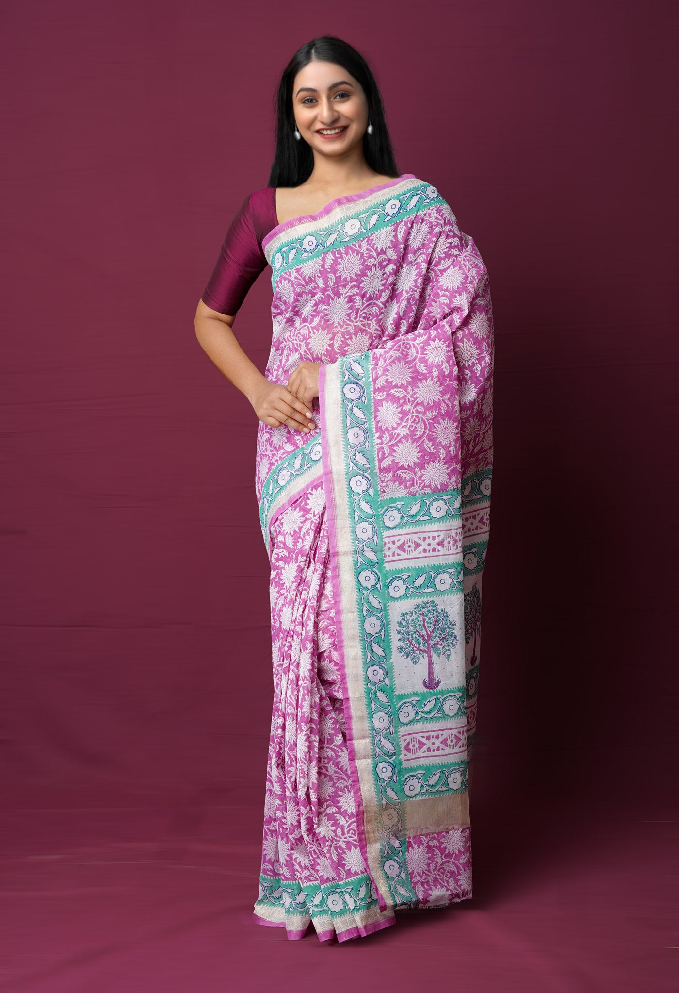 Pink Dyed Printed Chanderi Sico Saree