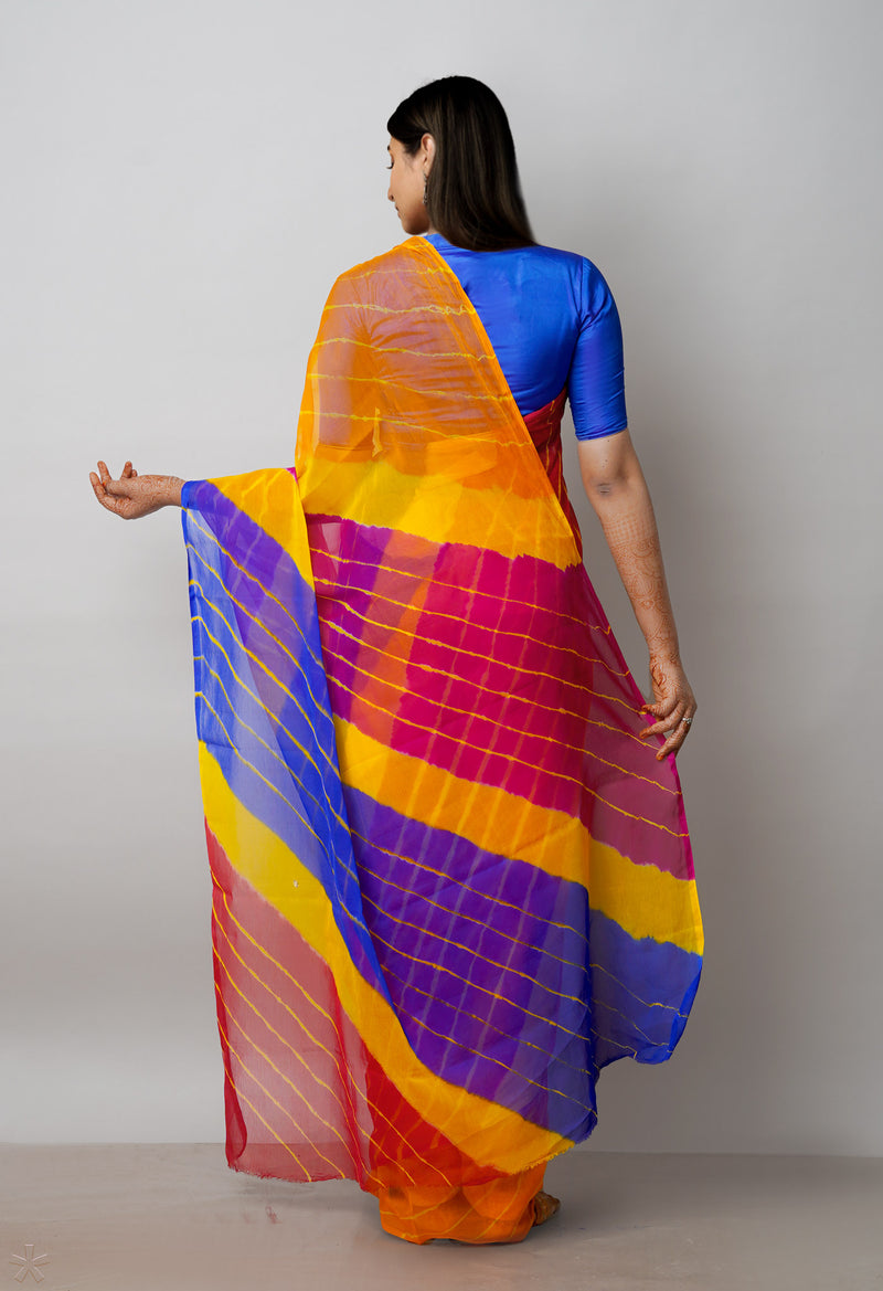 Multi  Tie and Dye Shibori  Chiffon Saree-UNM72281