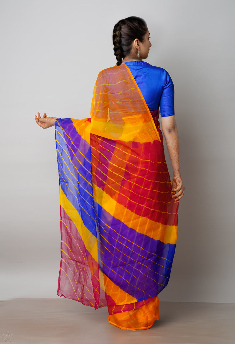 Multi  Tie and Dye Shibori  Chiffon Saree-UNM72285