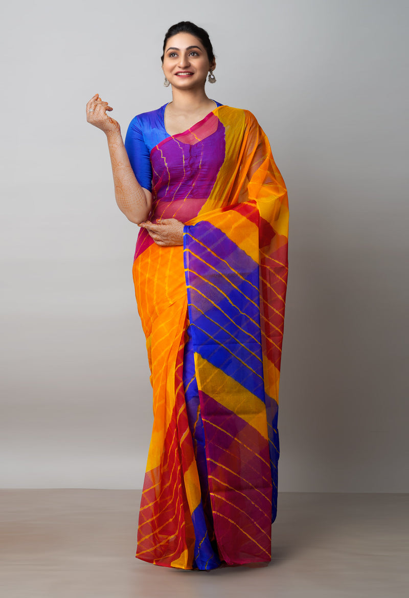 Multi  Tie and Dye Shibori  Chiffon Saree-UNM72285