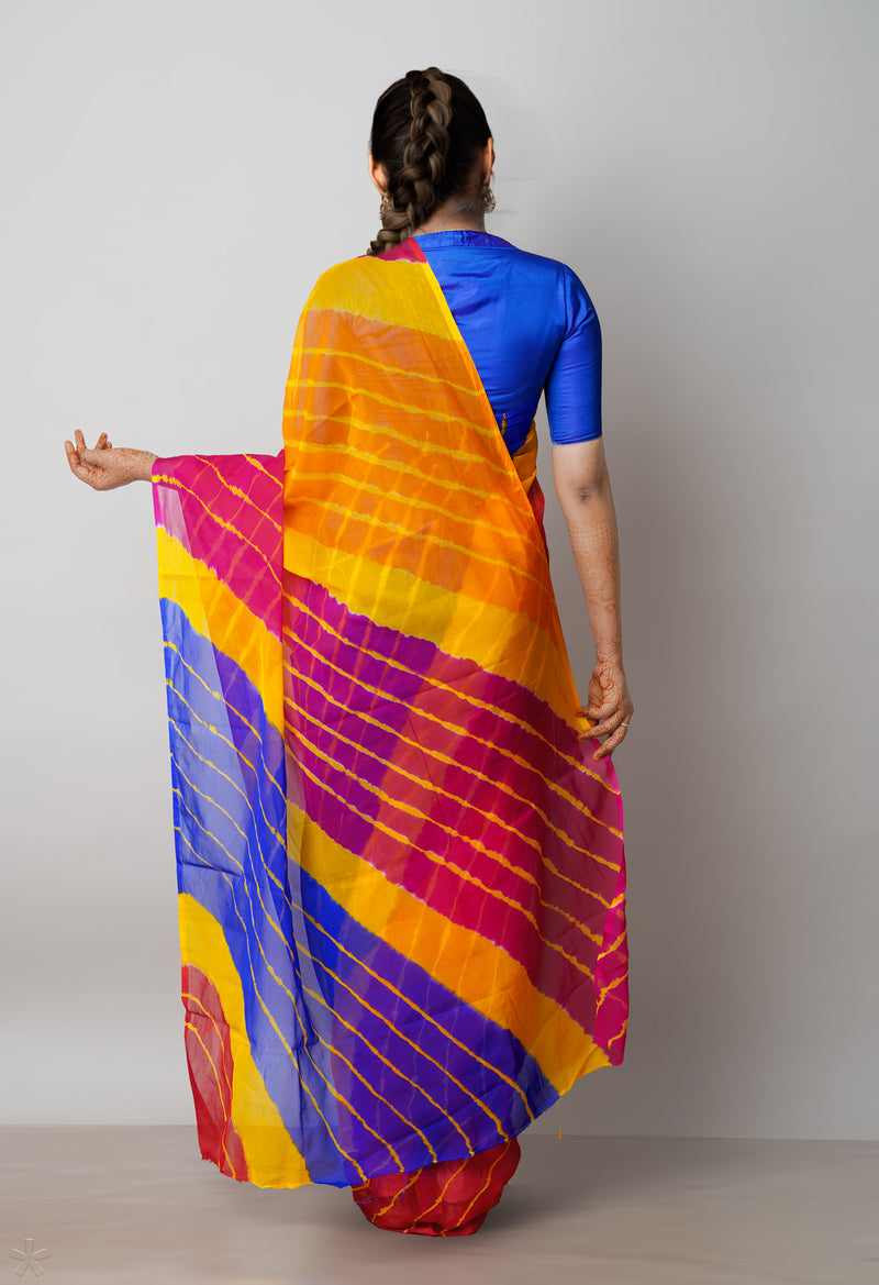 Multi  Tie and Dye Shibori  Chiffon Saree-UNM72287