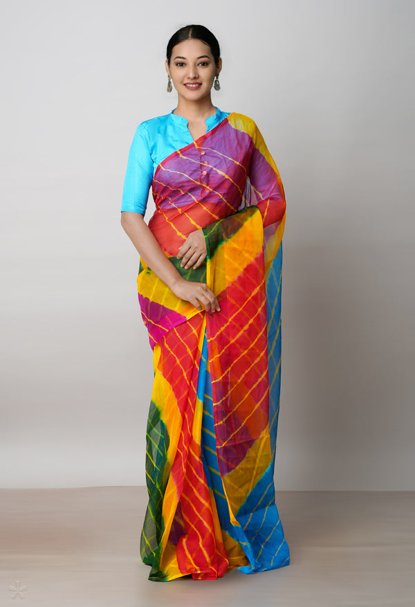 Multi  Tie and Dye Shibori  Chiffon Saree-UNM72288