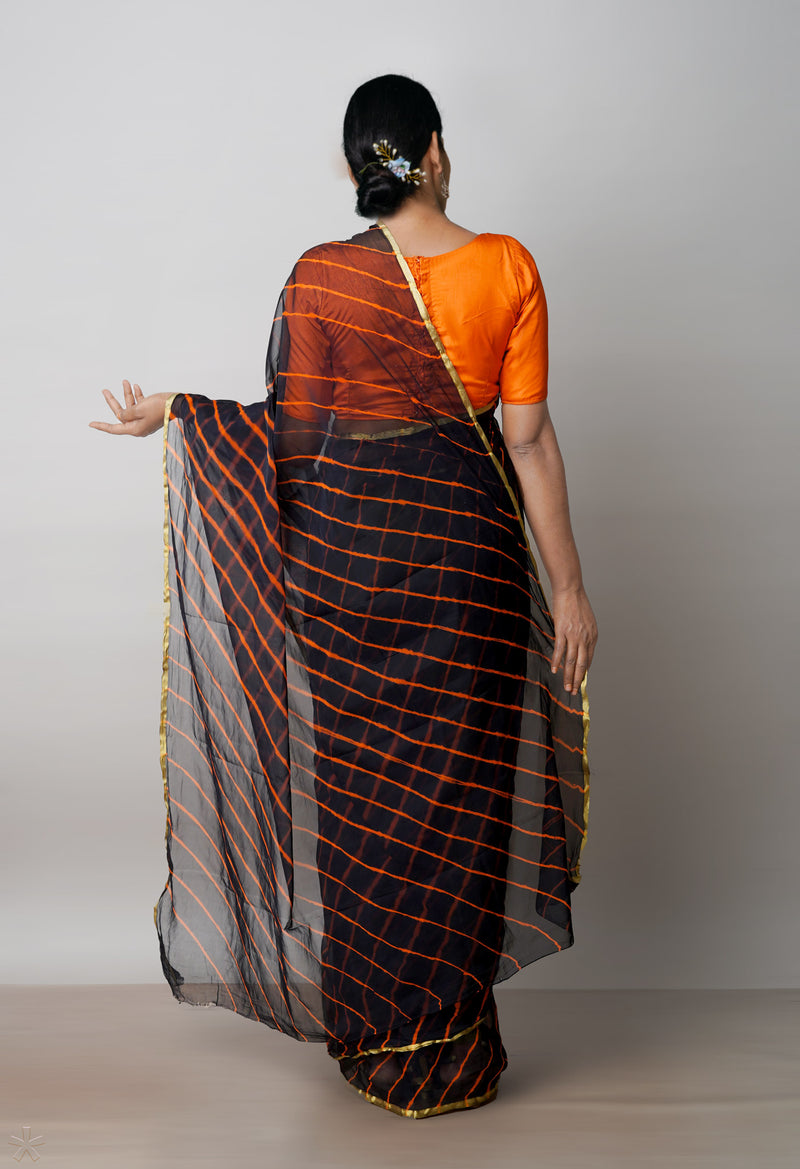 Black  Tie and Dye Shibori  Chiffon Saree-UNM72290