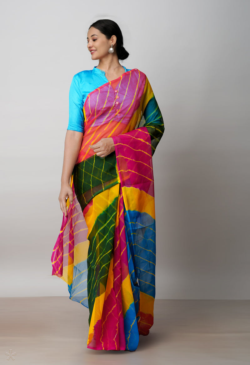 Multi  Tie and Dye Shibori  Chiffon Saree-UNM72291