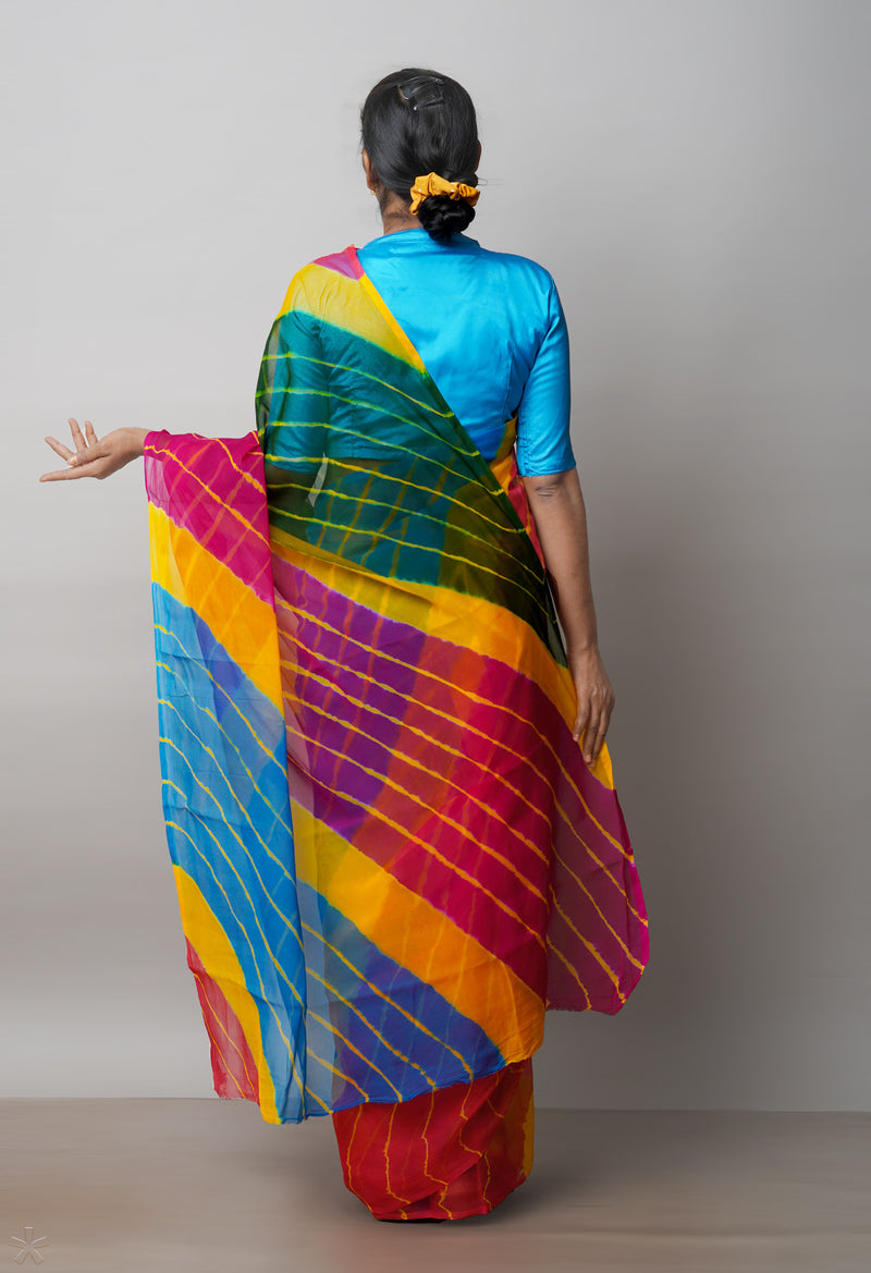 Multi  Tie and Dye Shibori  Chiffon Saree-UNM72291