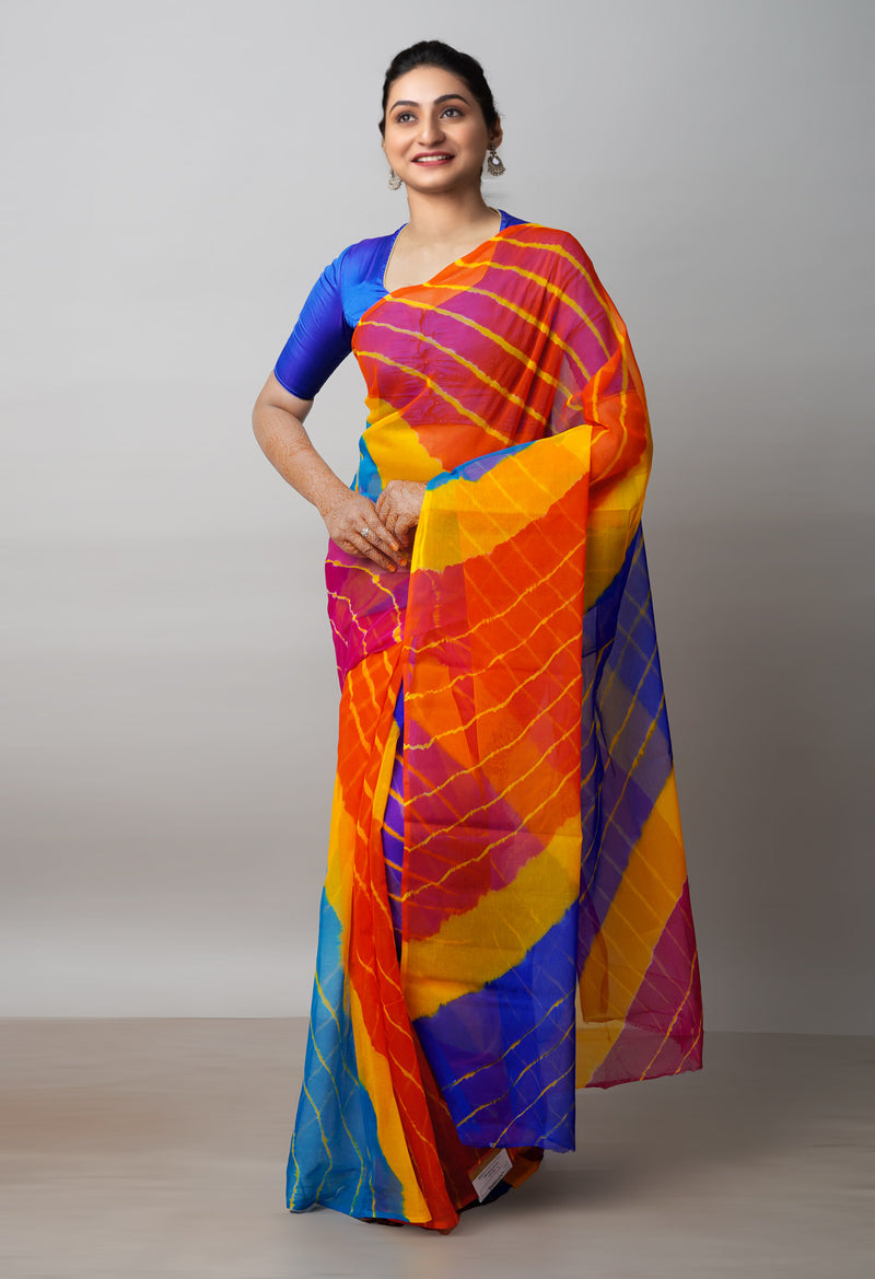 Multi  Tie and Dye Shibori  Chiffon Saree-UNM72292