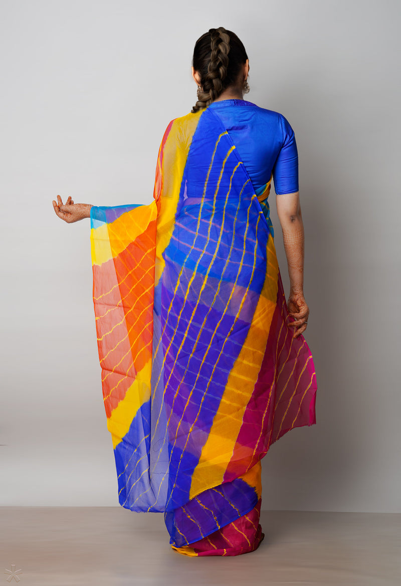 Multi  Tie and Dye Shibori  Chiffon Saree-UNM72292
