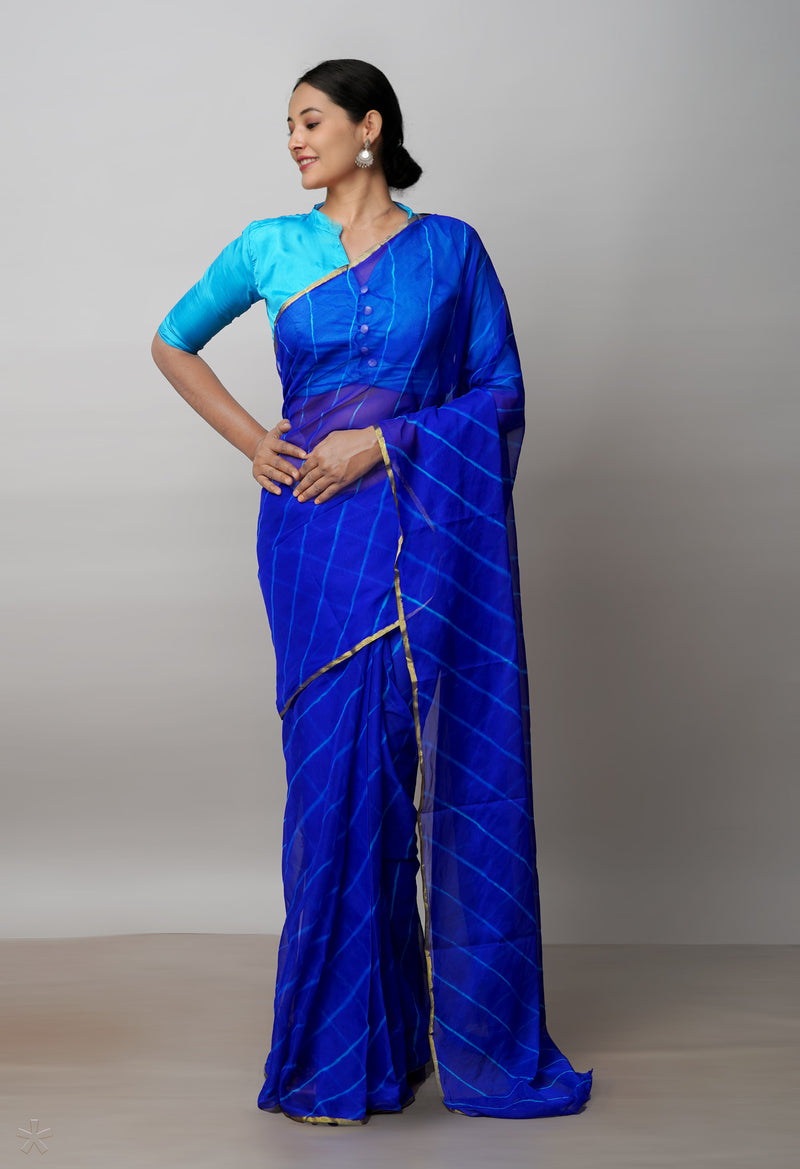 Dark Blue  Tie and Dye Shibori  Chiffon Saree-UNM72295