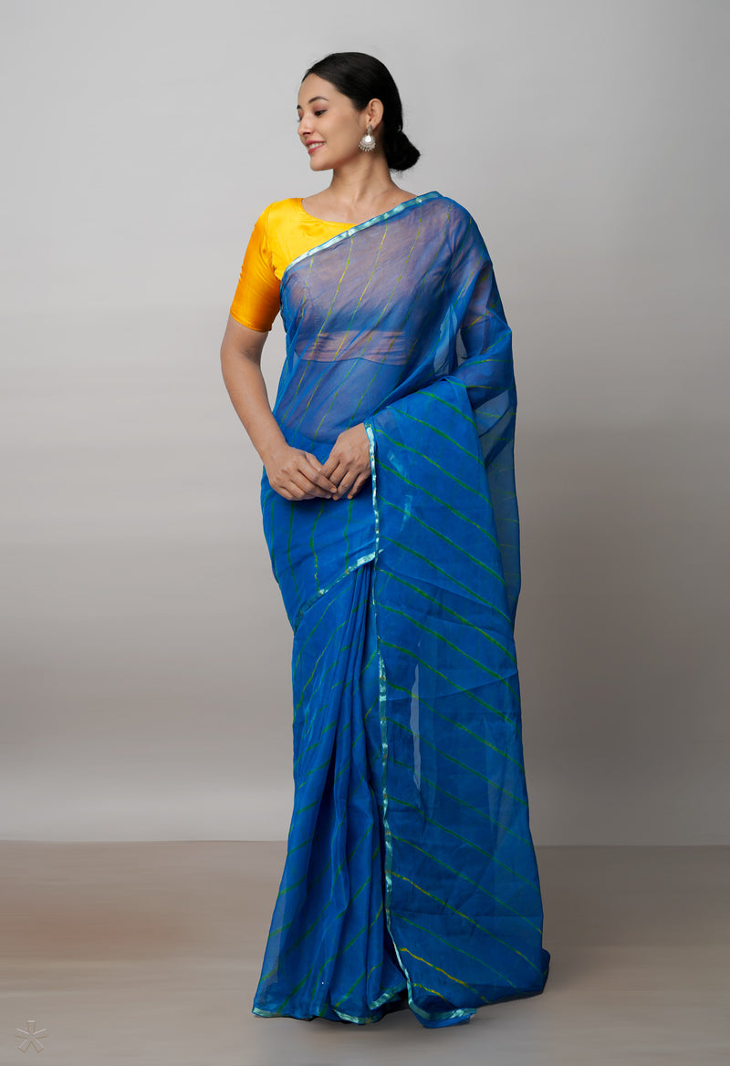 Blue  Tie and Dye Shibori  Chiffon Saree-UNM72297