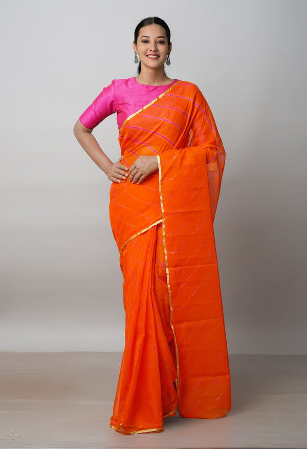 Orange  Tie and Dye Shibori  Chiffon Saree-UNM72301