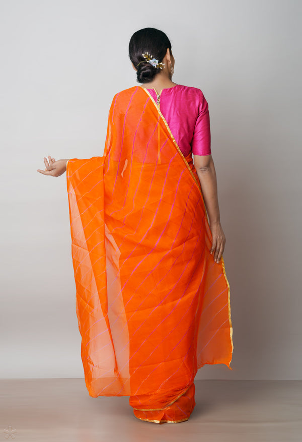Orange  Tie and Dye Shibori  Chiffon Saree-UNM72301