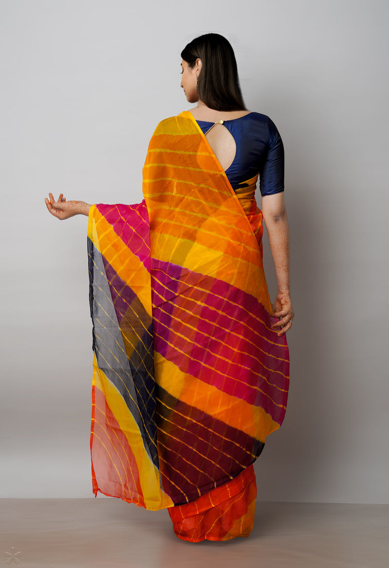 Multi  Tie and Dye Shibori  Chiffon Saree-UNM72302
