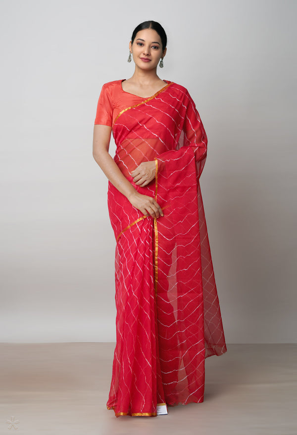 Red  Tie and Dye Shibori  Chiffon Saree-UNM72304
