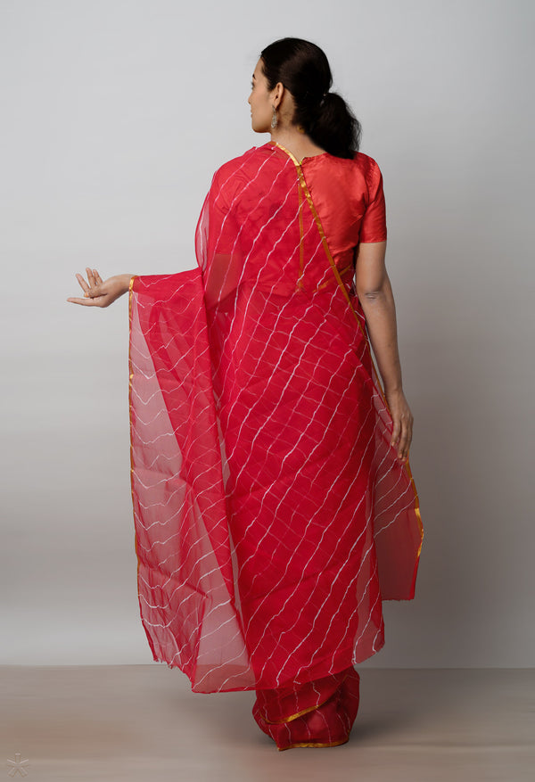 Red  Tie and Dye Shibori  Chiffon Saree-UNM72304