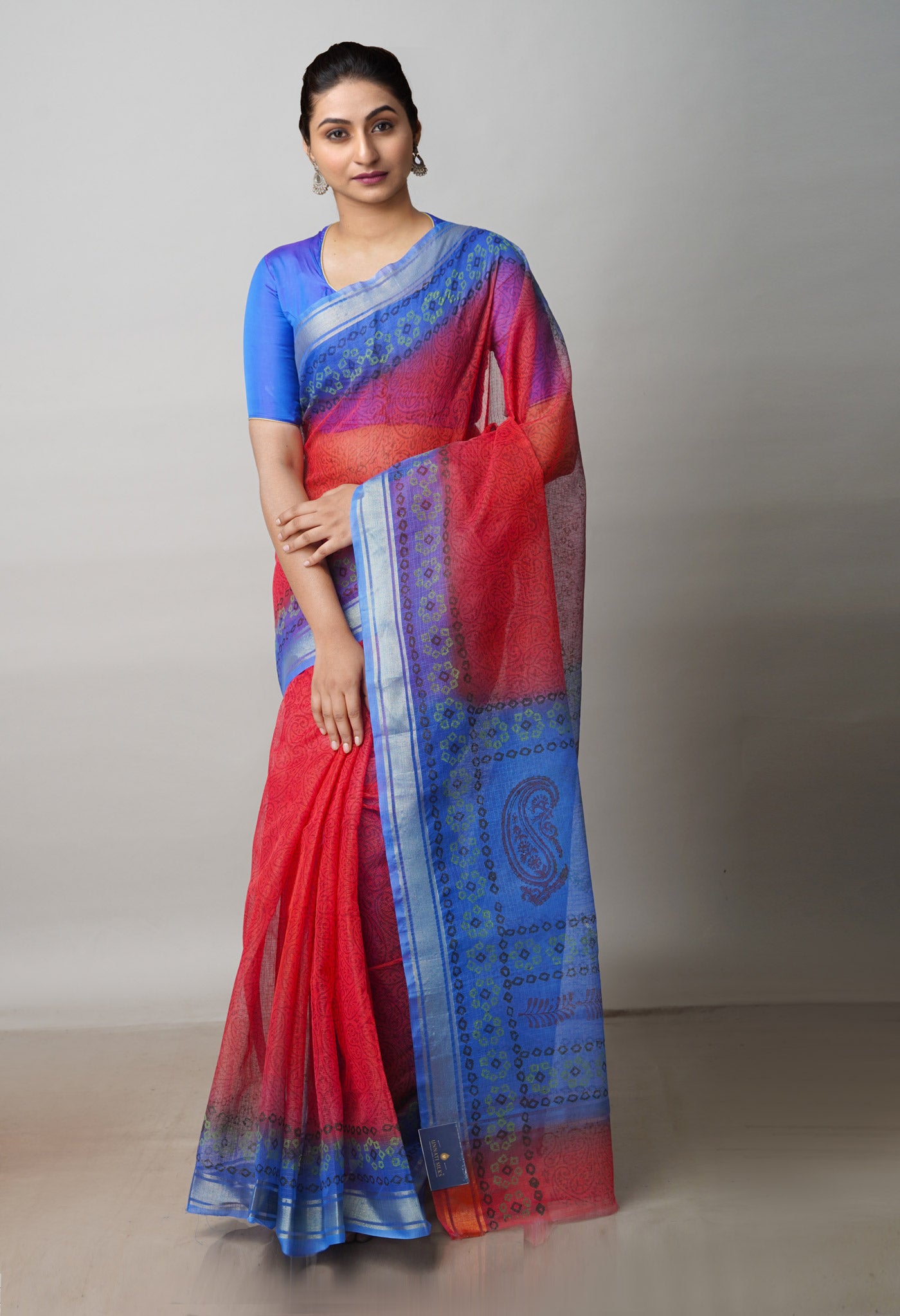 Red Pure  Block Printed Kota Cotton Saree-UNM72305