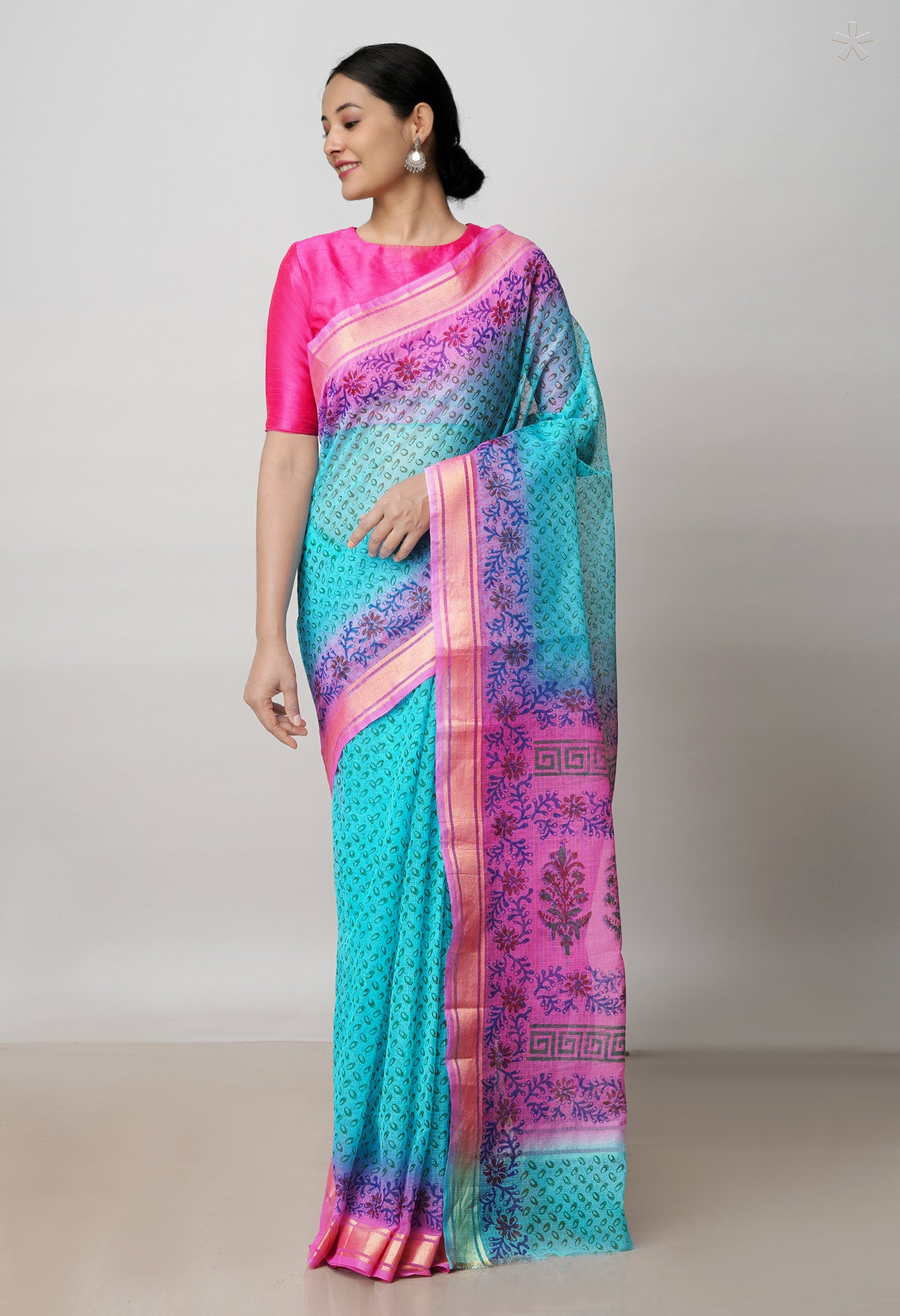 Blue Pure  Block Printed Kota Cotton Saree-UNM72322
