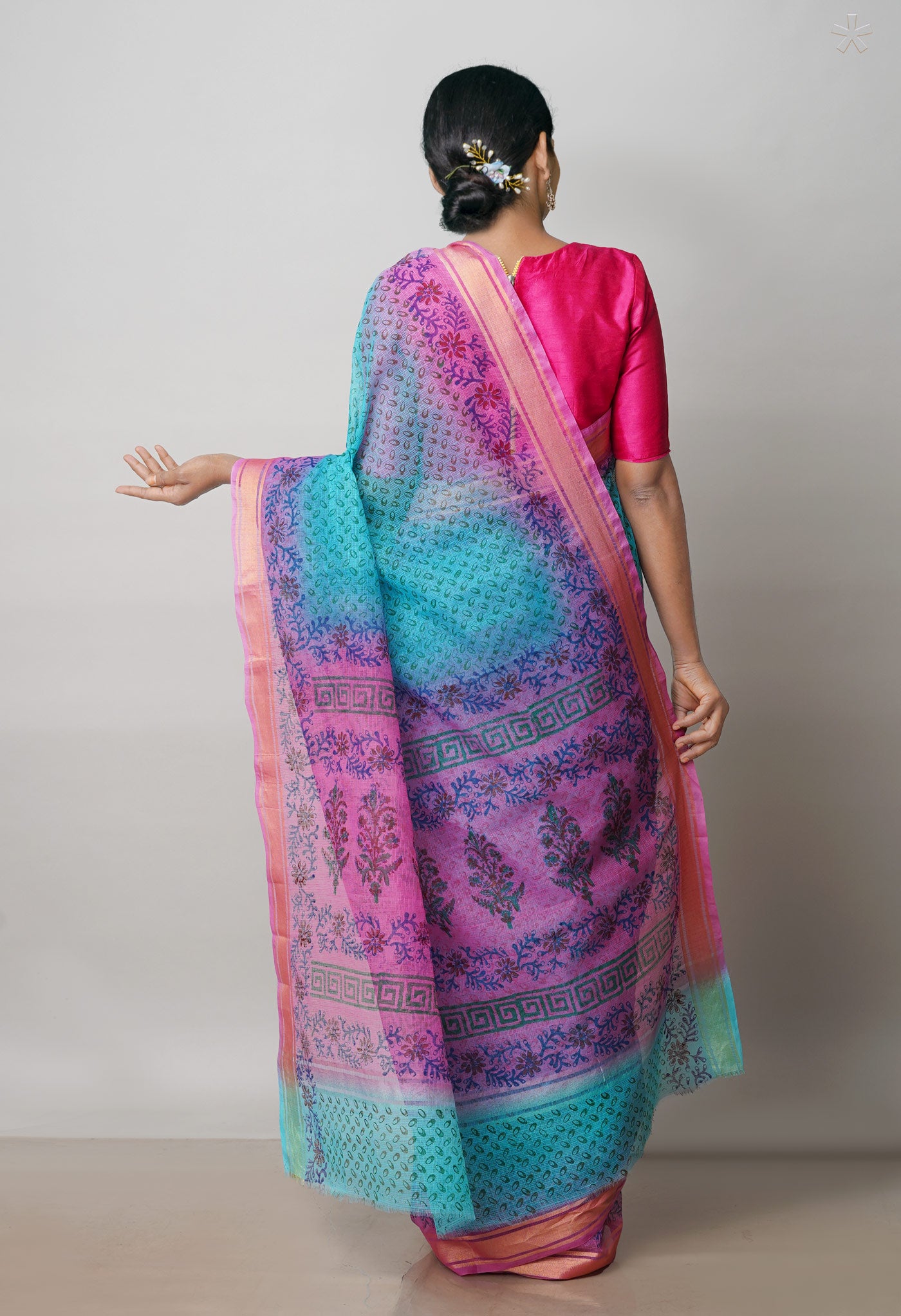 Blue Pure  Block Printed Kota Cotton Saree-UNM72322