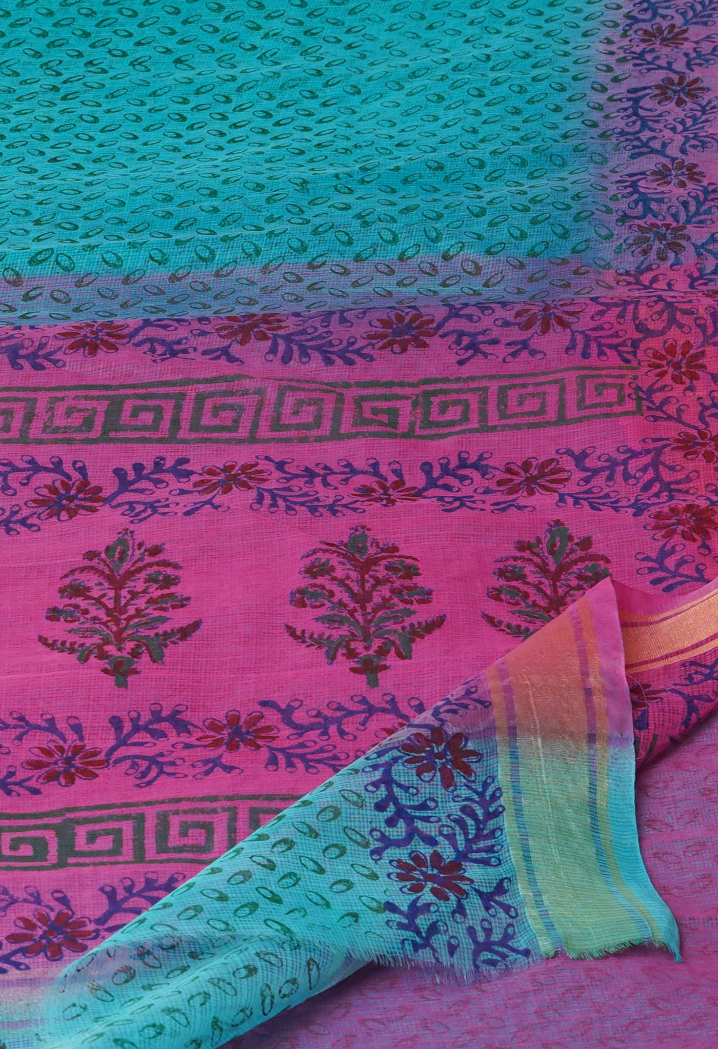 Blue Pure  Block Printed Kota Cotton Saree-UNM72322