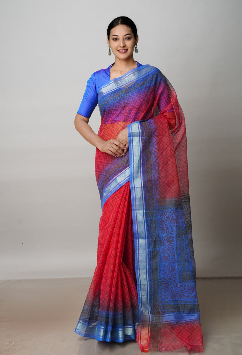 Red Pure  Block Printed Kota Cotton Saree-UNM72324