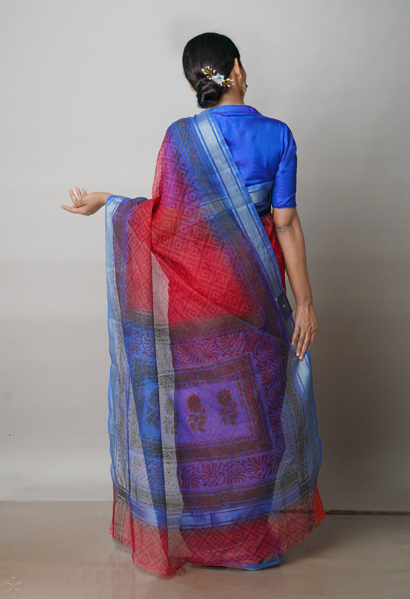 Red Pure  Block Printed Kota Cotton Saree-UNM72324