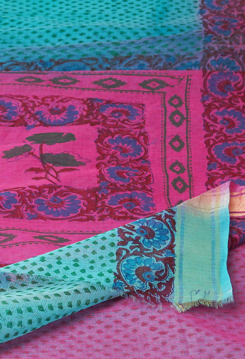 Blue Pure  Block Printed Kota Cotton Saree-UNM72330