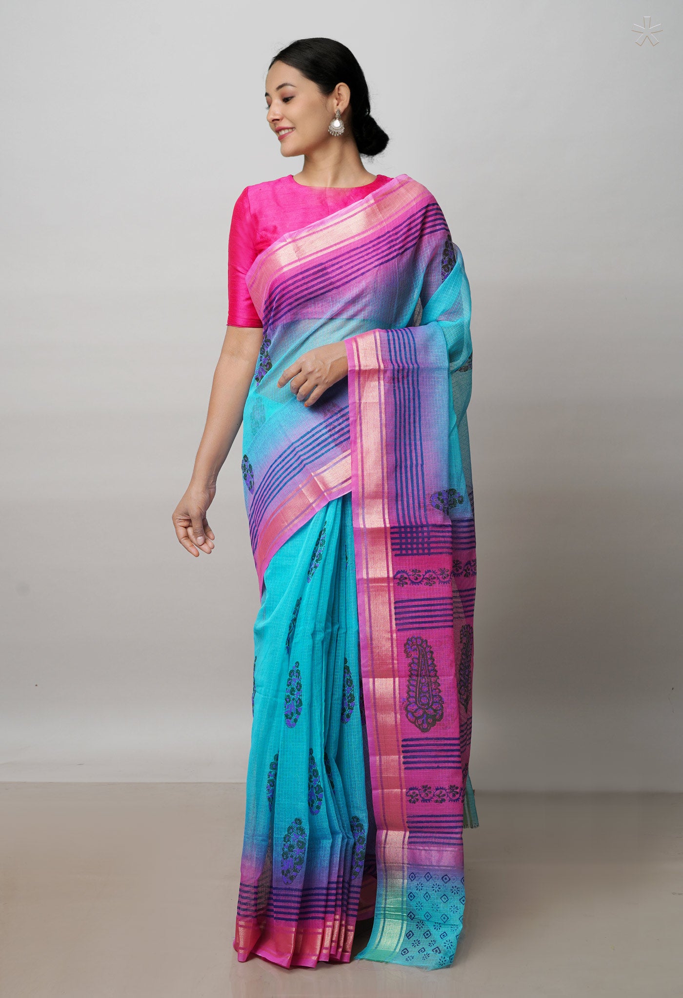 Blue Pure  Block Printed Kota Cotton Saree-UNM72337