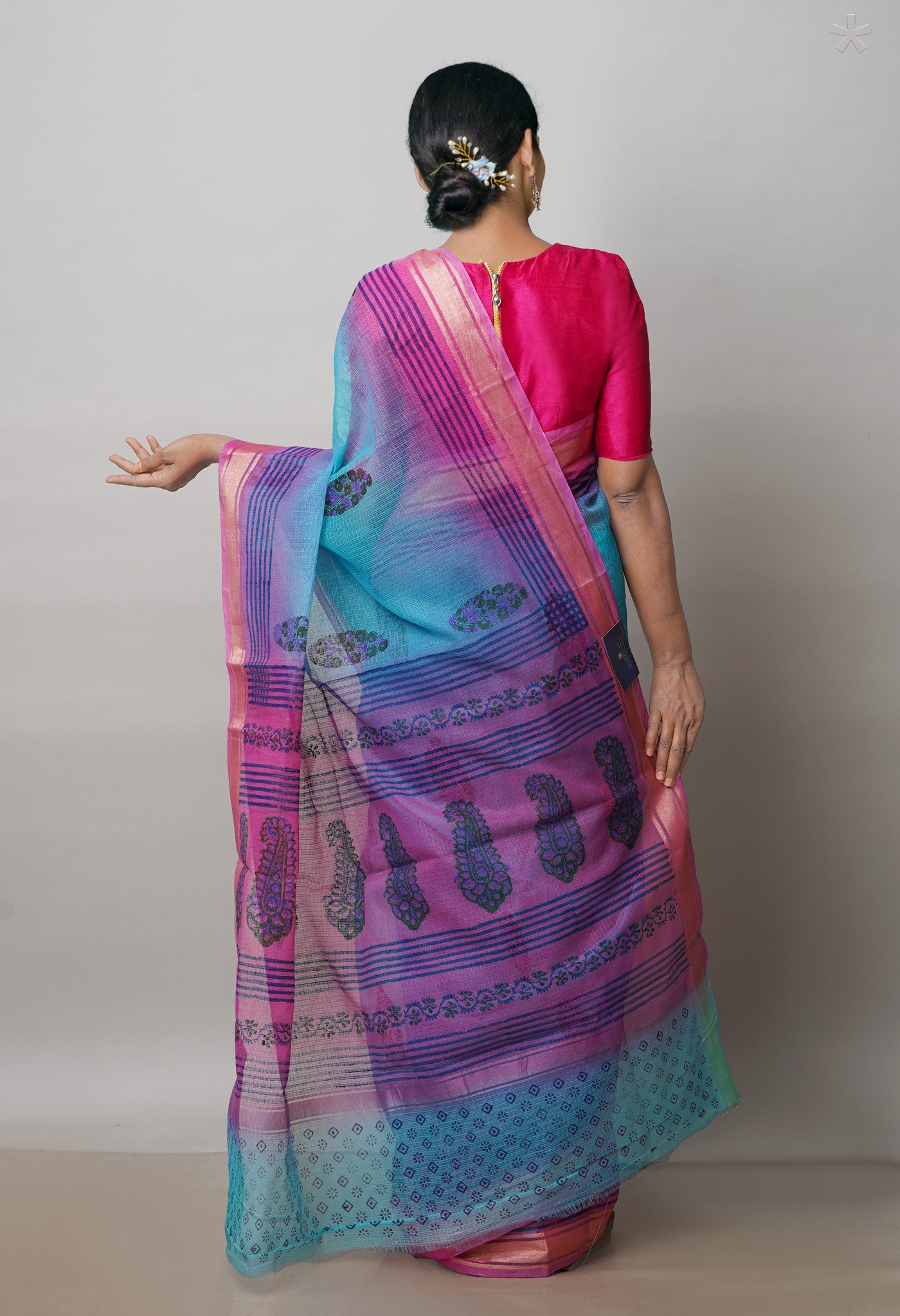 Blue Pure  Block Printed Kota Cotton Saree-UNM72337