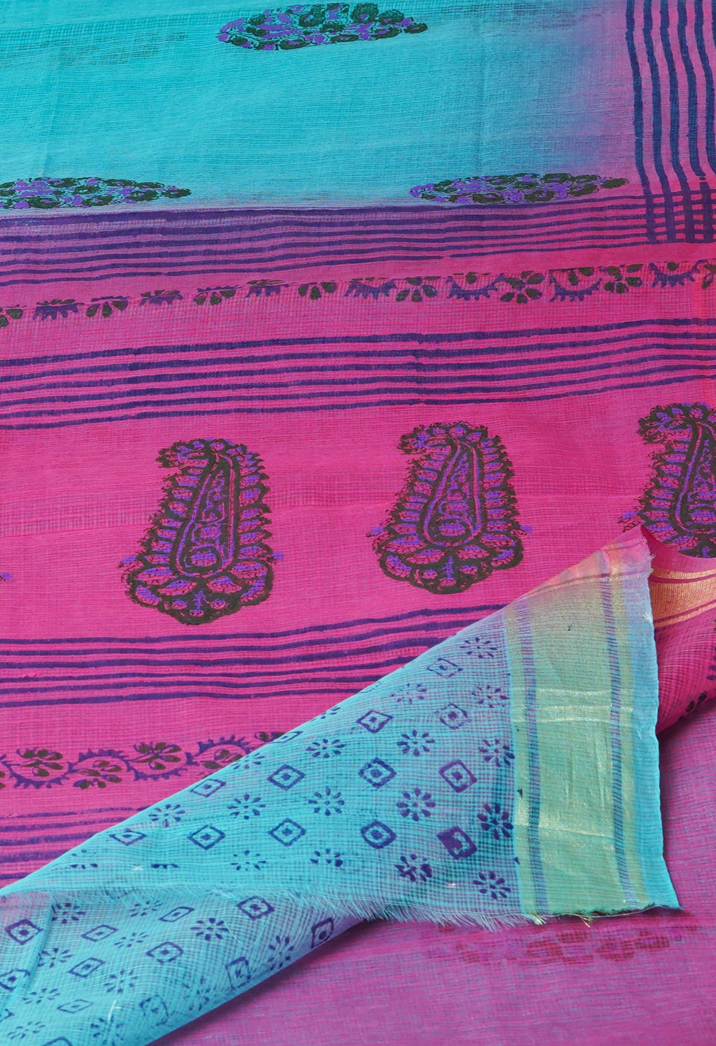 Blue Pure  Block Printed Kota Cotton Saree-UNM72337
