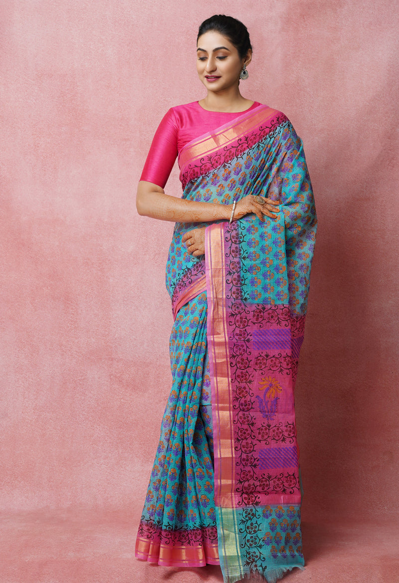 Blue Pure  Block Printed Kota Cotton Saree-UNM72360