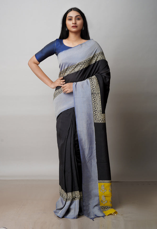 Black  Bagru Printed Chettinad Soft Silk Saree-UNM72382